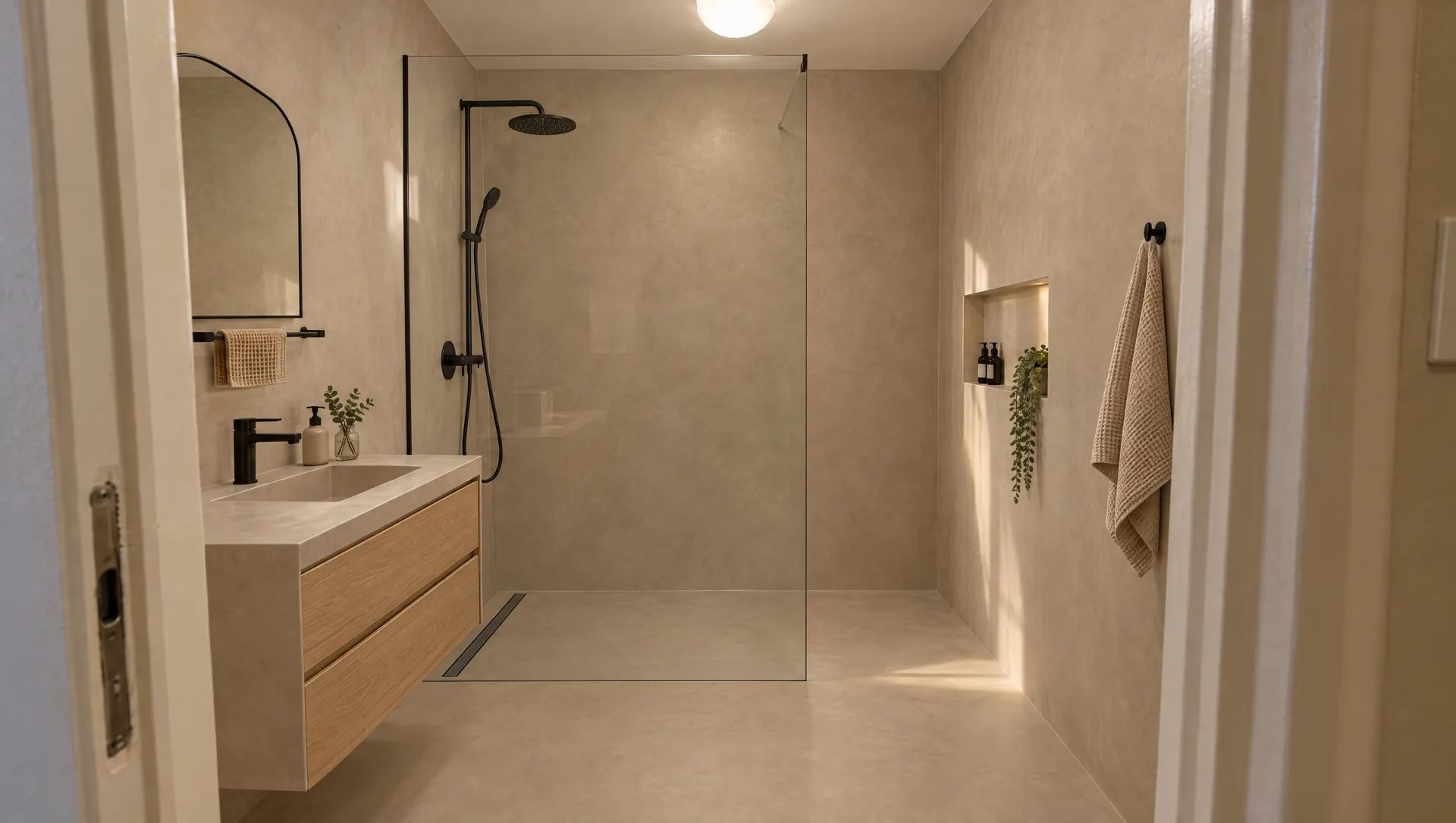 Stejná koupelna po renovaci: béžový mikrocement přes staré obklady, sprchový kout walk-in místo vany