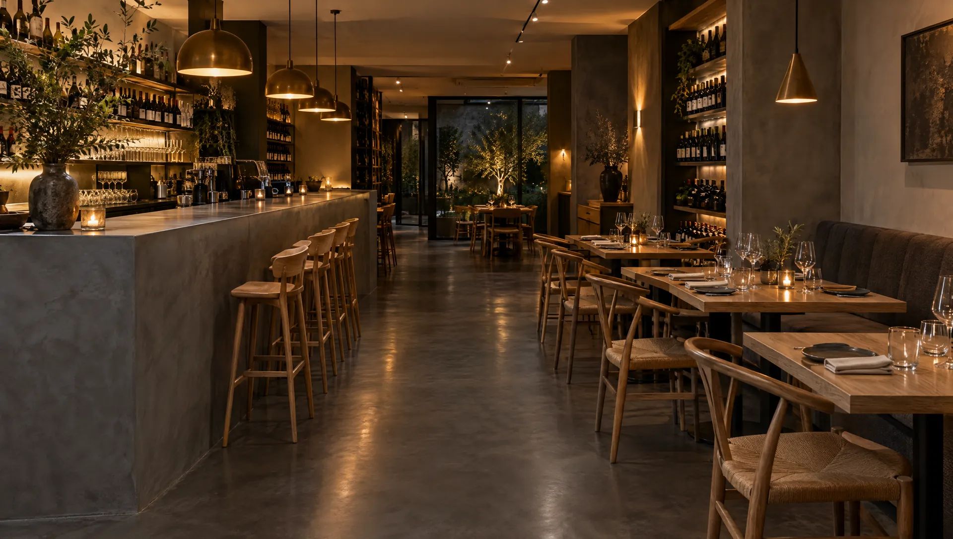 Restaurant mit Bartresen und Boden aus Mikrozement in dunklem Graphit, seidenmatte Oberfläche