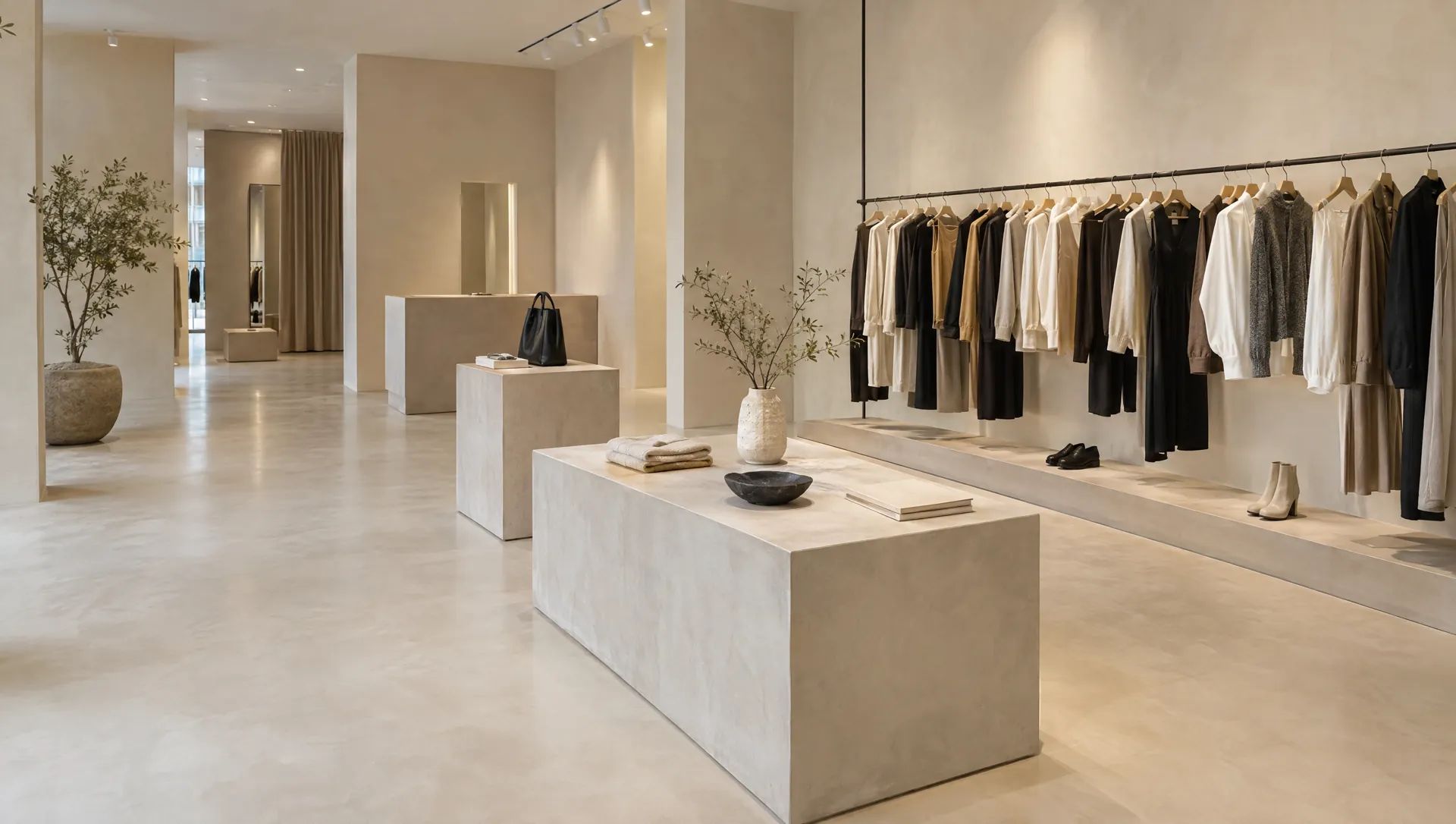 Boutique mit Boden, Wänden und Präsentationssockeln aus Mikrozement in hellem Beige, fugenlos