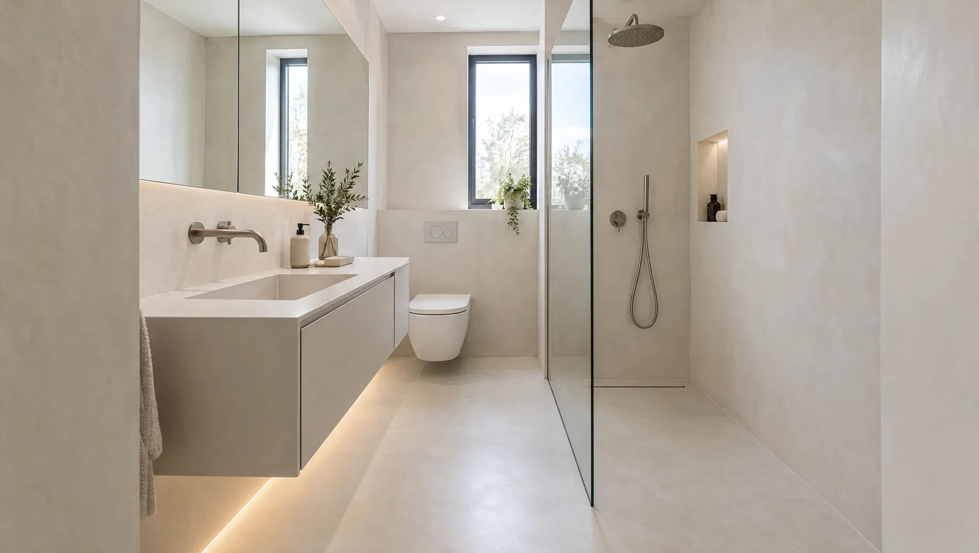 Kleines Bad aus Mikrozement in hellem Beige: bodengleiche Dusche, schwebender Waschtisch, fugenloser Boden
