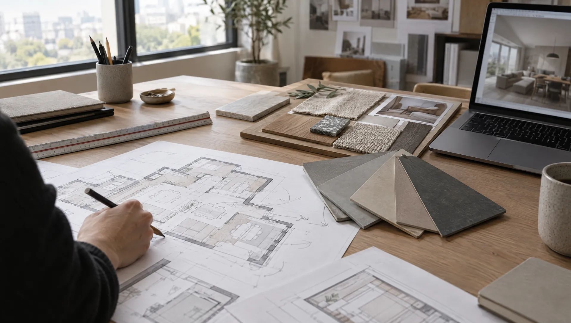 Współpraca z architektami: rzuty, moodboard i wachlarz próbek mikrocementu w szarościach i beżach