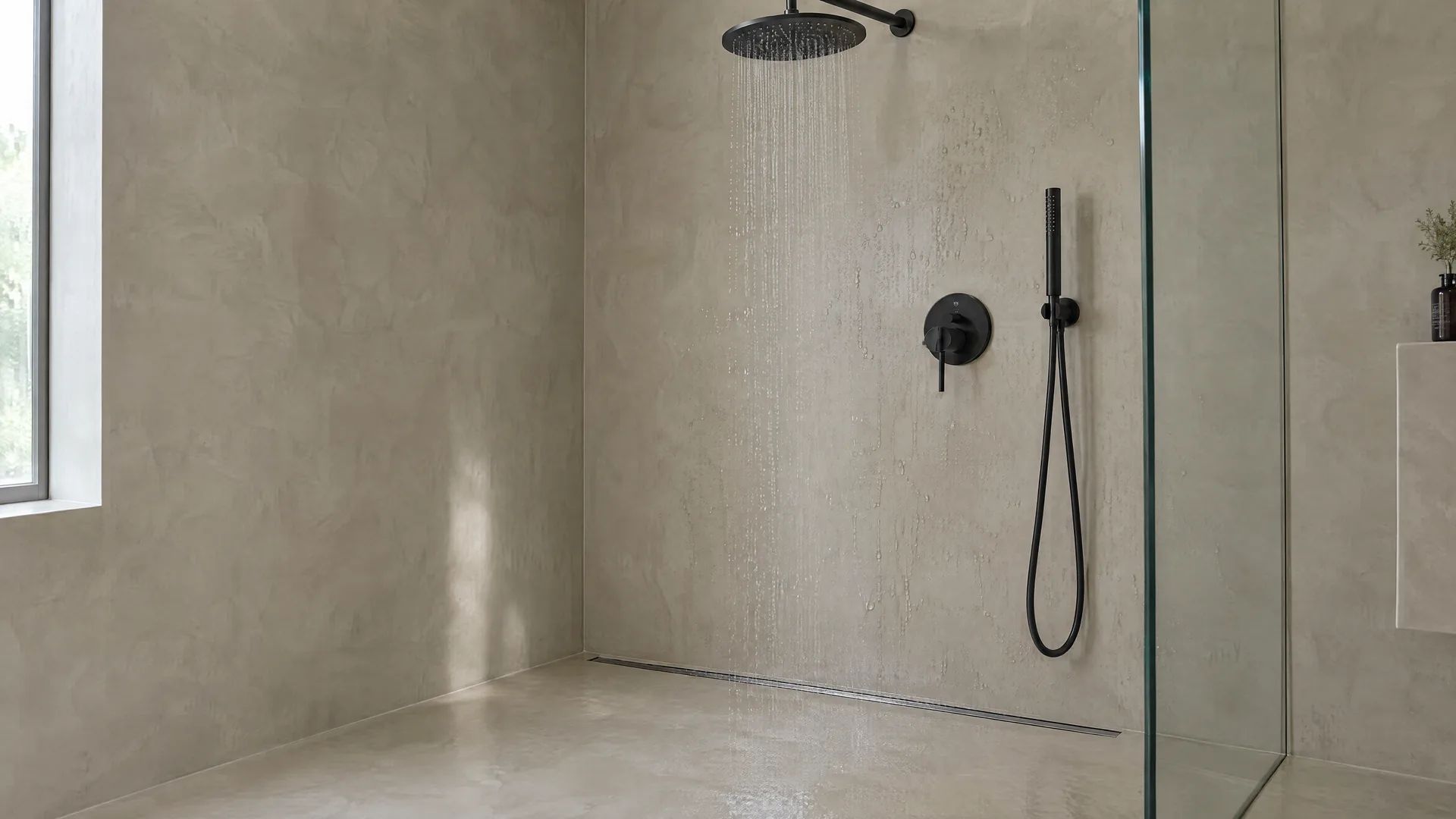 Sprchový kout walk-in z mikrocementu bez vaničky: liniový žlab v podlaze a černé baterie