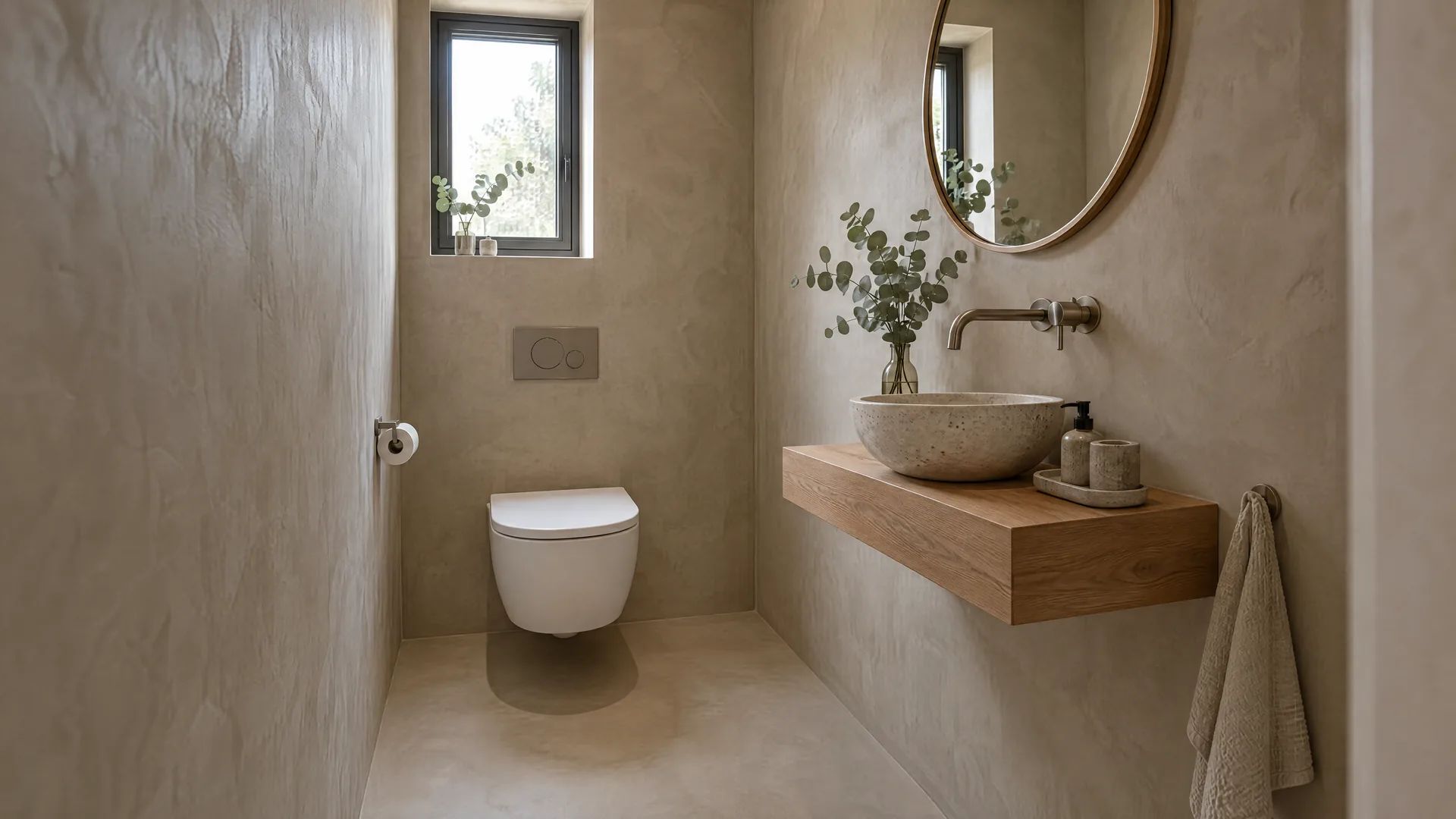 Kleines Gäste-WC aus Mikrozement, Wände und Boden ohne Fliesen