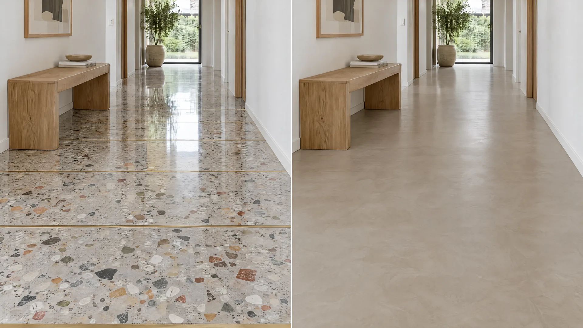 Vergleich im Flur: Terrazzoplatten mit Trennschienen neben fugenlosem Mikrozementboden
